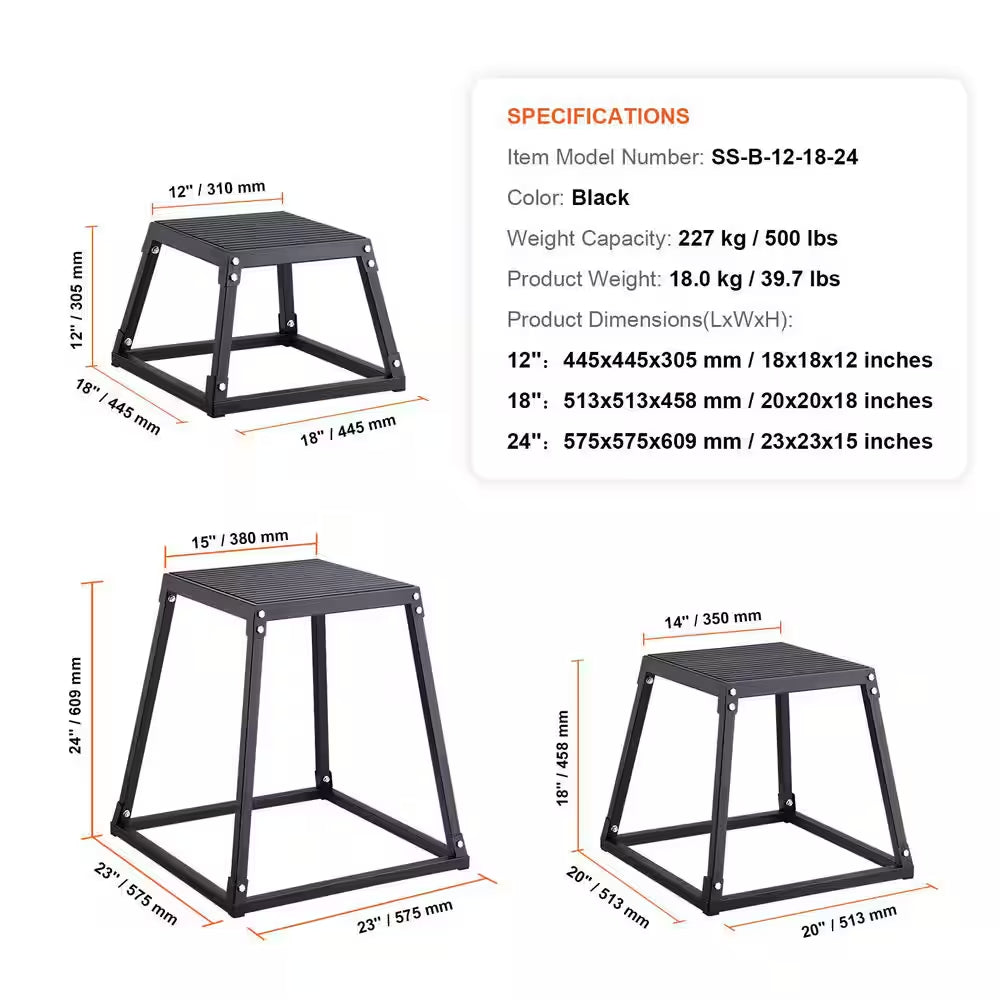 Plyometric Platform Box Set 12 In. X 18 In. X 24 In. Height Plyometric Box Jump Set for Home Gym Training, Black