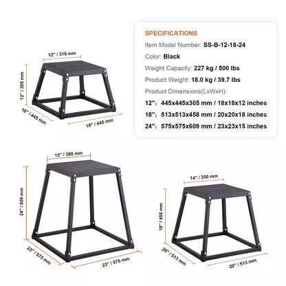 Plyometric Platform Box Set 12 In. X 18 In. X 24 In. Height Plyometric Box Jump Set for Home Gym Training, Black
