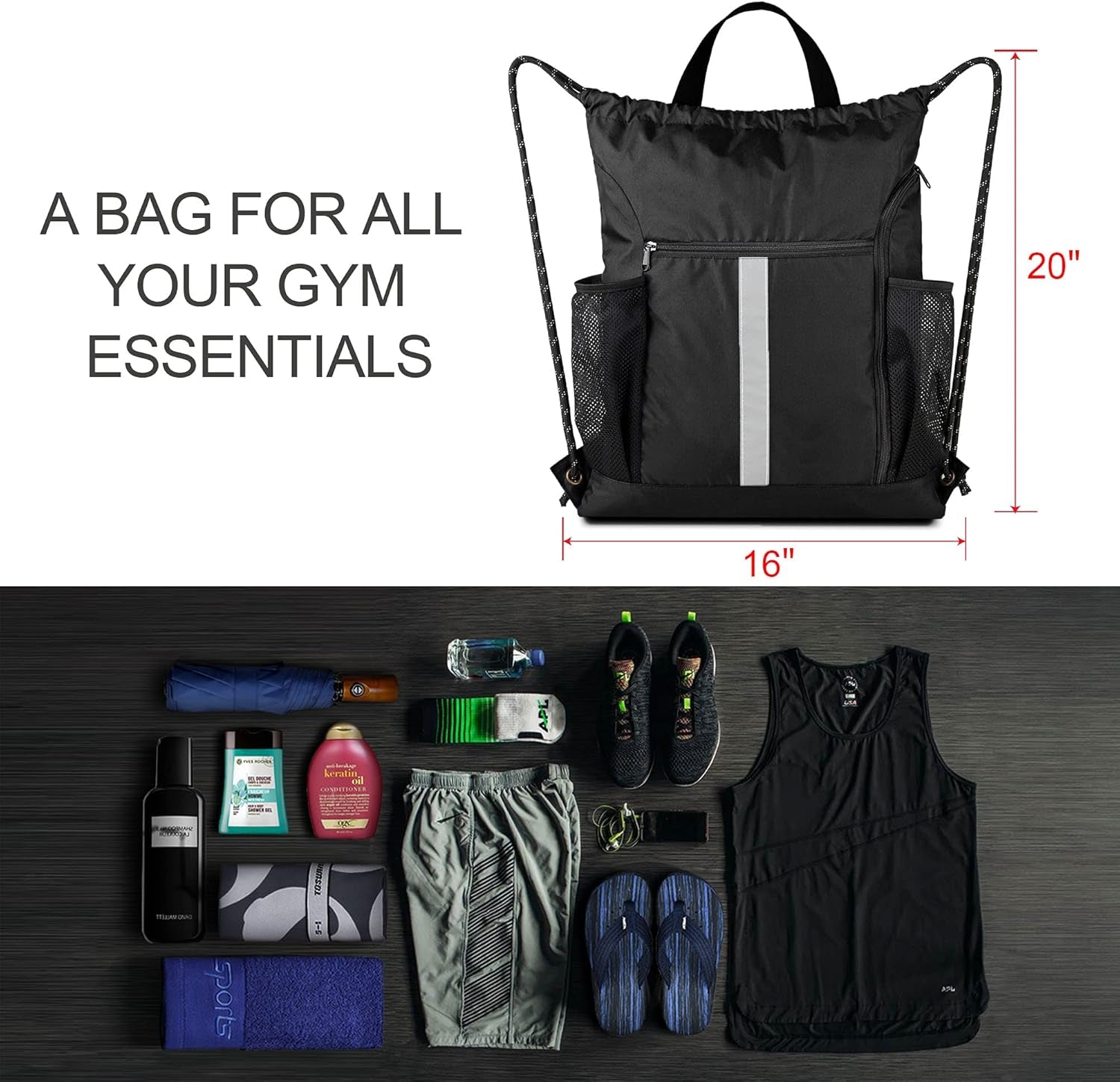 Drawstring Backpack Sports Gym Bag with Shoe Compartment and Two Water Bottle Ho