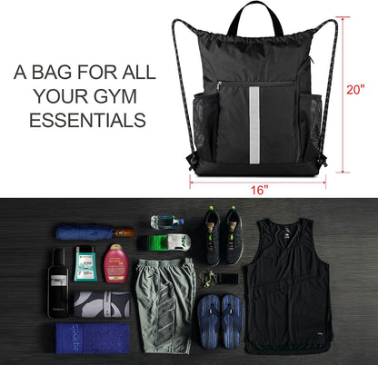 Drawstring Backpack Sports Gym Bag with Shoe Compartment and Two Water Bottle Ho