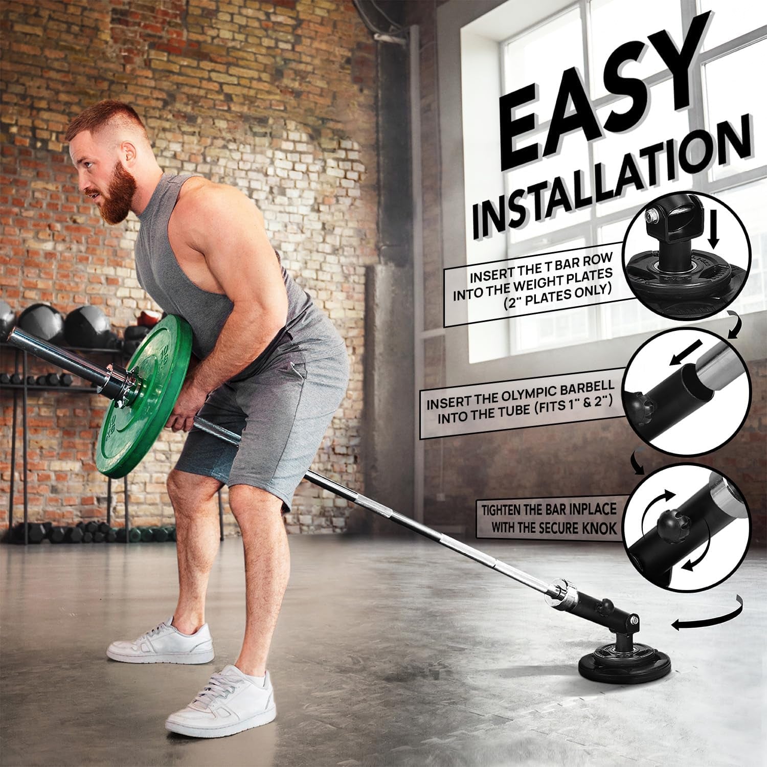 T-Bar Row Plate Post Insert Landmine Attachment – Fit 1" & 2” Olympic Bars – Full 360° Swivel & Easy to Install